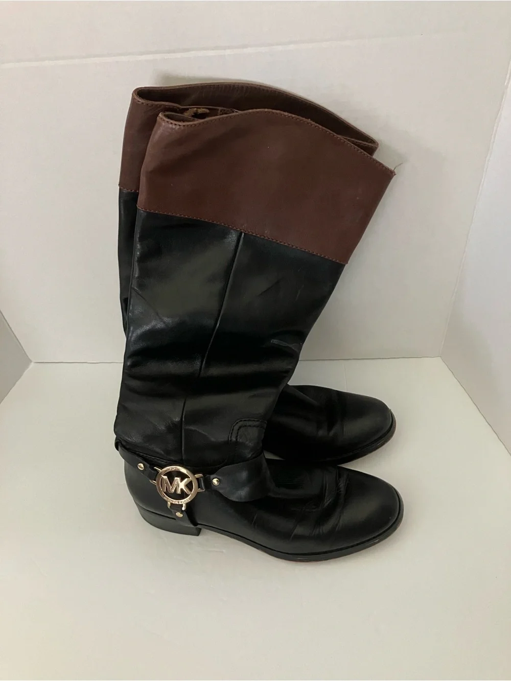 Michael Kors Black Leather Over-the-Knee Boots with Brown Cuff